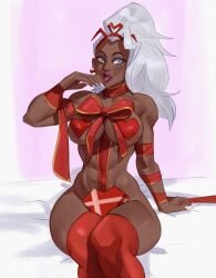 chocolate_box dark-skinned_female dark_skin dlusional earrings heart_shaped_nipple_covers marvel marvel_comics marvel_rivals pasties pinup pose posing ribbon ribbons sitting storm_(x-men) tongue tongue_out valentine's_day white_hair x-men