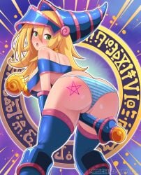 1girls :o almost_naked artist_name ass between_thighs big_breasts blonde_hair blush breasts butt_crack clothed clothed_female dark_magician_girl green_eyes grinding hair_between_eyes hat hi_res leaning_forward long_hair looking_at_viewer looking_back mischiefmiz open_mouth panties partially_visible_vulva pentagram runes shueisha sideboob solo staff star striped striped_panties tattoo tattoo_on_butt thighhighs thighs wizard_hat yu-gi-oh!