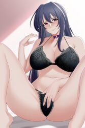 akeno_himejima aslindsamure big_breasts black_bra black_hair black_lingerie black_thong blush breasts cleavage female female_only floral_print glossy_lips high_school_dxd long_hair purple_eyes smile spread_legs tattoo