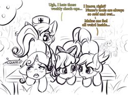 absurd_res age_difference alcor90 apple_bloom_(mlp) ass_up black_and_white dialogue equid female feral friendship_is_magic heart hi_res horn looking_pleasured mammal my_little_pony nurse_redheart older_female raised_tail scootaloo_(mlp) sweetie_belle_(mlp) unicorn young younger_female