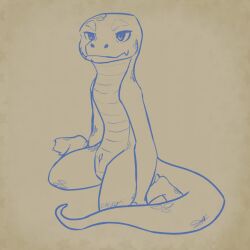 amphibian animal_genitalia anthro digital_drawing_(artwork) digital_media_(artwork) fangs genital_slit genitals giant_salamander hi_res kalystri kneeling line_art looking_at_viewer male monochrome nude penis penis_tip pinup plantigrade pose salamander simple_background slim smile solo spread_legs spreading tail teeth