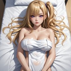 ai_generated blonde_hair long_hair nude_female purple_eyes tilcox33 towel_over_breasts