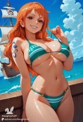 1girls ai_generated amazing_quality aqua_green_bikini barrels best_quality brown_eyes clouds complex_background cowboy_shot detailed_background detailed_eye_model detailed_eyes dutch_angle dynamic_angle dynamic_pose female female happy highly_detailed highres large_breasts long_hair looking_at_viewer masterpiece mature nami nami_(one_piece) naughty_smile naughtypuff one_piece orange_hair patreon pirate_ship sea sexy_pose solo_focus sunny_day white_stripes wood