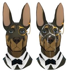 anthro black_body black_fur black_nose bodily_fluids bow_tie butler canid canine canis collar cum cum_on_face dobermann domestic_dog eyewear fur genital_fluids male mammal monocle piercing pinscher pointy_ears servant solo spacedog submissive submissive_male