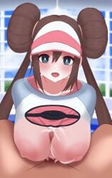 1boy 1girls blue_eyes breasts brown_hair clothed_paizuri eka_kinoko hair_bun hat huge_breasts nipples open_mouth paizuri pokemon pokemon_bw pov rosa_(pokemon) see-through twintails visor_cap