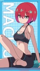 1girls amate_yuzuriha aqua_eyes bambi2000line barefoot black_sports_bra breasts closed_mouth crop_top gundam gundam_gquuuuuux highres looking_at_viewer midriff red_hair shoes short_hair shorts sitting solo sports_bra sportswear unworn_shoes