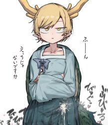 absurdres antlers blonde_hair blue_shirt blue_skirt collarbone crossed_arms cum cum_in_clothes cum_through_clothes dragon_girl dragon_horns dragon_tail ejaculation ejaculation_under_clothes female flat_chest handsfree_ejaculation highres horns implied_futa kicchou_yachie long_sleeves looking_at_viewer piaki pointy_ears shirt short_hair skirt solo standing tail touhou turtle_shell wide_sleeves yellow_eyes