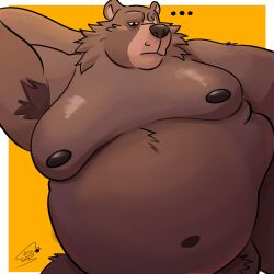 1:1 2025 absurd_res anthro armpit_hair balls bear belly ben_bigger body_hair brown_body brown_fur digital_media_(artwork) ellipsis fur genitals hand_behind_head hi_res kumathedogbear male male_focus mammal mihoyo moobs nipples nude_male overweight overweight_anthro overweight_male pronounced_browridge scar solo solo_male zenless_zone_zero