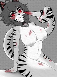 absurd_res anthro areola bell bell_collar big_areola big_breasts blood blood_on_arm blood_on_body blood_on_breast blood_on_face blood_on_hand blood_on_knife blood_on_tail blush blush_lines bodily_fluids breasts caramelfox collar collar_only creepy_smile cybernetics felid female glowing glowing_eyes heart_(marking) hi_res huge_areola huge_breasts knife looking_at_viewer machine mammal manga_style markings medium_hair mostly_nude nude pantherine red_eyes shoulder_length_hair smile smug_grin solo stripes threatening_viewer tiger yumeo_(mrgolla)