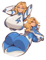 big_ass big_breasts blonde_hair blue_eyes invisible_woman invisible_woman_(marvel_rivals) looking_at_viewer marvel marvel_rivals mojo_(artist) saucymojo solo solo_female solo_focus spandex sue_storm white_background