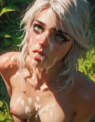 2girls after_oral after_sex ai_generated cd_projekt_red ciri cum cum_in_mouth cum_on_body cum_on_breasts cum_on_face female green_eyes jaarulz light-skinned_female looking_at_viewer mascara mascara_tears solo the_witcher_(series) the_witcher_3:_wild_hunt white_hair