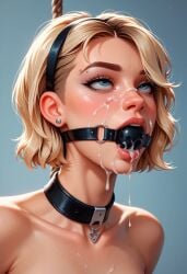 ai_generated ball_gag blonde_hair blue_eyes cum_on_face gwen_stacy nude_female short_hair tilcox33