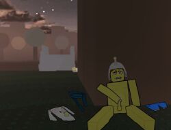 1boy background black_eyes clothes_on_floor cumming forsaken_(roblox) hair hat jerkingoff male masturbation naked_male penis pleasure_face roblox shedletsky sitting solo_male