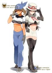 2girls ariekochan bandana black_boots black_gloves blue_bandana blue_eyes blue_pants blush boots breasts brown_eyes brown_hair closed_mouth cosplay crop_top elbow_gloves gloves hat leaf_(pokemon) long_hair looking_at_viewer may_(pokemon) midriff multiple_girls navel nintendo pants pokemon pokemon_(anime) pokemon_frlg pokemon_rse shirt skirt smile stomach striped_clothes team_aqua team_aqua_grunt team_aqua_grunt_(cosplay) team_aqua_uniform team_rocket team_rocket_uniform thigh_boots
