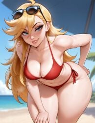 1girls ai_generated beach belly_button bent_forward big_breasts bikini blonde_hair blue_eyes breasts floox hand_on_ass hand_on_thigh hips large_breasts light-skinned_female long_hair ocean panty_&_stocking_with_garterbelt panty_anarchy red_bikini red_bikini_bottom red_bikini_top sunglasses sweat swimsuit thiccwithaq_(ai_style) thick_thighs thighs voluptuous voluptuous_female wide_hips