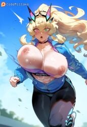 1girls abs ai_generated barghest_(fate) blonde_hair breasts_out codemistake fate/grand_order fate_series female green_eyes heterochromia muscular_female nipples open_clothes open_mouth partially_unzipped patreon patreon_logo patreon_reward patreon_url pink_eyes ponytail running solo sports_bra surprised tight_pants torn_clothes wardrobe_malfunction