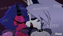 artist_name canine_teeth cartoonsaur closed_eyes dark_room demon demon_girl female forced_kiss french_kiss holding_chin horns_girl hot_kiss lesbian_kiss lesbian_sex loona_(helluva_boss) millie_(helluva_boss) teeth_pointy teeth_showing tongue tongue_kiss tongue_out tongues_touching two_girls wolf wolf_ears wolf_girl