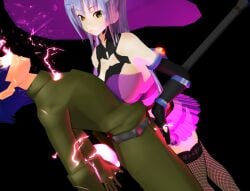 alf_(girl_beats_hero) big_breasts black_background boko877 boob_squish boobs_on_chest breasts femdom fishnets girl_beats_hero leaning_back leaning_on_another leaning_on_person lightning magic mmd over_clothes pain purple purple_magic selunelia_(girl_beats_hero) shocked staff touching_bulge witch witch_hat yellow_eyes