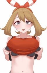 animated bandana blush breasts brown_hair eka_kinoko grey_eyes huge_breasts looking_at_viewer may_(pokemon) may_(pokemon_oras) nipples open_mouth pokemon pokemon_oras shirt_lift short_hair