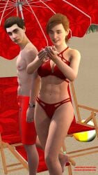 1boy 1girls 3d bikini male_swimwear mary_jane_watson mary_jane_watson_(insomniac) orange_hair peter_parker red_bikini spider-man_(ps4) spider-man_(series) stjude90 swimsuit