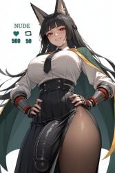 1futa absurd_res absurdres ai_generated big_breasts big_bulge black_hair blush breasts bulge butt_up clothes fingerless_gloves fox_ears from_below front_view futanari hands_hips high_resolution highres horny hoshimi_miyabi hoyoverse huge_breasts huge_bulge intimate looking_at_viewer marivista massive_bulge mechanical_arm necktie red_eyes shiny_clothes simple_background smiling solo stable_diffusion taker_pov thick_thighs thighs tight very_long_hair white_topwear zenless_zone_zero