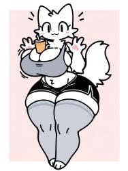 big_breasts boba_tea breast_expansion furry girlkisser huge_breasts motion_lines shorts solo tank_top thick_thighs thigh_expansion thin_waist white_fur