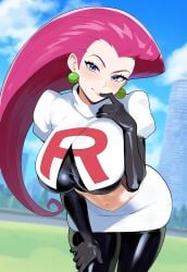 ai_generated blue_eyes breast brown-skinned_male curvy earrings huge_breasts jessie_(pokemon) juuicyai large_breasts long_hair massive_breasts narrow_waist pink_hair pokemon shiny thick_thighs white_shirt wide_hips