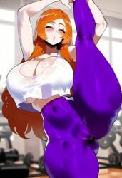 :o ai_generated ass ass_focus big_ass big_breasts big_butt big_thighs bleach cleavage closed_eyes crop_top_overhang dijiai flexible focus from_front_position front_view gym gym_clothes gym_uniform hourglass_figure indoors inoue_orihime leg_up looking_at_viewer mommy nsfw pants pussy round_ass round_butt standing_on_one_leg stretching thick thick_ass thick_butt thick_legs thick_thighs thighs underboob wide_hips