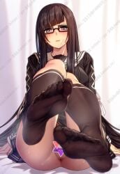 846-gou anus ass black_serafuku black_shirt black_skirt black_thighhighs censored closed_mouth commentary_request fate/grand_order fate_(series) feet female foot_focus glasses grey_eyes highres kurohime_(fate) long_hair long_sleeves looking_at_viewer sailor_collar scar scar_across_eye school_uniform serafuku shirt skirt soles solo star_censor thighhighs thighs toes very_long_hair white_sailor_collar