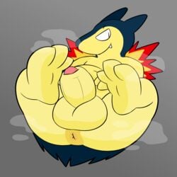 1:1 3_toes animal_genitalia anthro anus balls birdvian feet fire genitals hi_res leaning leaning_back legs_up male male_only nintendo paws penis pokemon pokemon_(species) sheath simple_background solo steam toes typhlosion video_games