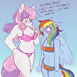 1:1 2021 aged_up anthro anthrofied bikini bikini_shorts blue_body blush breast_size_difference breasts cleavage clothed clothing currentlytr_ash dialogue duo english_text equid equine female friendship_is_magic hair hasbro hi_res horn mammal multicolored_hair my_little_pony mythological_creature mythological_equine mythology nipple_outline pegasus purple_hair rainbow_dash_(mlp) rainbow_hair sweetie_belle_(mlp) swimwear tankini text unicorn white_body wings