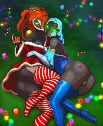 2d 2robot_girls alternate_version_available big_breasts breasts christmas christmas_lights christmas_outfit ecchi glowing_eyes green_eyes koumei_(warframe) robot_humanoid spacemaxmarine thighhighs thighs warframe yareli_(warframe) yellow_eyes