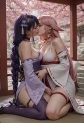 ai_assisted ai_generated braids genshin_impact japanese_clothes japanese_clothing lesbian_couple lesbian_kiss making_out pink_hair purple_hair raiden_mei raiden_shogun tagme torso_grab video video_game_character video_games yae_miko