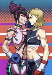 2girls athletic athletic_female boxing boxing_gloves breasts breasts_pressed_against_partner cammy_white catfight choker face_to_face fight fighter fighting fighting_game fighting_stance juri_han milf rggr rib_cage rib_lines standing staredown street_fighter street_fighter_6 tank_top