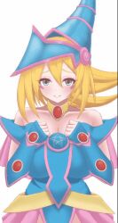 animated blonde_hair breasts cleavage dark_magician_girl eka_kinoko green_eyes hat huge_breasts inverted_nipples jewelry long_hair looking_at_viewer nipples smile titty_drop yu-gi-oh!