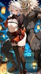 ai_generated bulge femboy genshin_impact heels hilichurls_(species) kaedehara_kazuha kinkyfuel lingerie male miniskirt skirt topwear yaoi