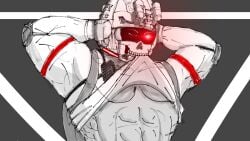 blackat clothed half_naked muscles muscular_male not_ai_generated not_furry one_eye_closed red_eyes skeleton soldier white_body