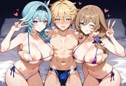 1boy 2girls :p aether_(genshin_impact) ai_generated bedroom before_sex between_girls big_smile bikini blush breast_grab breasts bulge embracing eula_(genshin_impact) genshin_impact happy heart_symbol heavy_breathing huge_breasts lisa_(genshin_impact) micro_bikini nipples nipples_visible_through_clothing shiny_skin sitting thick_thighs threesome v