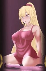 1girls akai_haato animated blonde_hair blue_eyes blush bouncing_breasts breasts cowgirl_position eka_kinoko hidden_toy hololive hololive_gen_1 hololive_japan kneeling large_breasts lingerie long_hair medium_breasts negligee nipples open_mouth ponytail pussy_juice sex_toy solo vertical_video virtual_youtuber