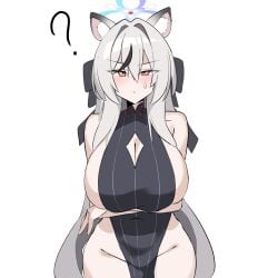 1girls ? aged_up alternate_breast_size animal_ears bare_legs bare_shoulders black_hair blue_archive blush breasts busty cat_ears chinese_clothes cleavage cleavage_cutout eyebrows_visible_through_hair female female_only hair_between_eyes hair_intakes hair_ribbon halo huge_breasts jahe_he kokona_(blue_archive) light-skinned_female light_skin long_hair no_panties pelvic_curtain sideboob solo streaked_hair sweatdrop thick_thighs very_long_hair white_hair