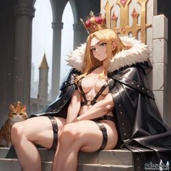 ai_generated barely_clothed black_jacket blonde_hair breasts_out castle covered_nipples covering_crotch crown green_eyes leather_clothing leather_straps looking_at_another medieval medium_breasts muscular_female neutral_expression throne thunder_thighs