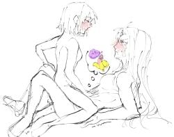 1futa 1girls alien_stage banana blush clam completely_nude cowgirl_position futanari long_hair mizi_(alien_stage) short_hair sketch sua_(alien_stage) thought_bubble