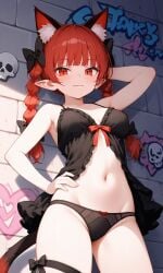 :3 ai_generated animal_ears bare_arms black_babydoll black_bow black_panties black_ribbon bow braid breasts brick_wall cat_ears cat_tail commentary_request cowboy_shot female graffiti groin hand_on_own_hip hassaku_xl highres kaenbyou_rin leg_ribbon lingerie long_hair looking_at_viewer metadata_request multi_ear navel non-web_source orin_(touhou) outdoors panties pointy_ears red_eyes red_hair red_ribbon ribbon rin_kaenbyou self-upload small_breasts solo spaghetti_strap stomach tail touhou tremolo_measure twin_braids underwear