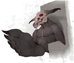 4_eyes 5_toes barefoot black_body bone bone_mask capra_demon claws dark_souls demon empty_eyes feet foot_fetish foot_focus fromsoftware glowing_eyes hi_res horn humanoid humanoid_feet kredri lighting looking_at_viewer male muscular muscular_male red_eyes shades sitting skill skull_mask soles solo solo_male text toe_claws toes white_background wrinkled_feet wrinkles