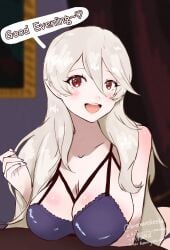 1girls bigmanskeeter cleavage corrin_(fire_emblem) corrin_(fire_emblem)_(female) english_text fire_emblem fire_emblem_fates green_hair indoors large_breasts lingerie lingerie_only looking_at_viewer nintendo open_mouth red_eyes talking_to_viewer text