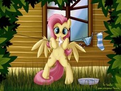 clothes_pin clothesline crotchboobs cutie_mark english_text equine female fluttershy_(mlp) friendship_is_magic hi_res my_little_pony non-human_areolae panties pegasus pussy rainbow_(artist) russian_text solo tiny_crotchboobs underwear wings