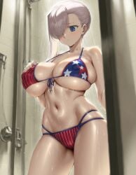 1girls ai_generated american_flag_bikini bikini blue_eyes breasts covered_nipples fate/grand_order fate_(series) goonedoutp3rv hair_over_one_eye huge_breasts miyamoto_musashi_(fate) miyamoto_musashi_(swimsuit_berserker) navel shiny_skin short_hair shower showering solo star_print vertical_stripes wet white_hair