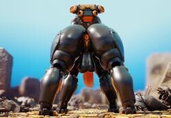 4_legs absurd_res anus apulaz backpack balls big_balls big_penis dark_body genitals gynomorph hi_res intersex machine orange_anus orange_pussy penis pussy quadruped robot solo taur valkyrie-1_(kruuxx)