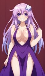 1girls ai_generated d-pad_hair_ornament grin large_breasts long_hair nepgear neptunia_(series) no_bra no_panties plunging_neckline purple_dress revealing_clothes