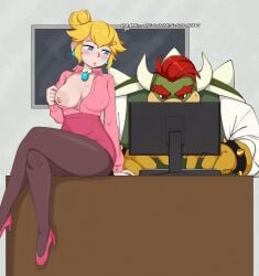 1boy 1girls anthro blonde_hair blue_eyes bowser breasts breasts_out clothing computer computer_keyboard desk dialogue duo english_text female furry furry_male high_heels hiivenn hiivenn_(artist) horns human indoors keyboard koopa larger_male legwear light-skinned_female light_skin looking_at_computer male male/female mammal mario_(series) nintendo nipples office office_lady pink_high_heels pink_shirt princess_peach red_eyes red_hair reptile scalie shell sitting size_difference smaller_female spiked_shell text voluptuous voluptuous_female